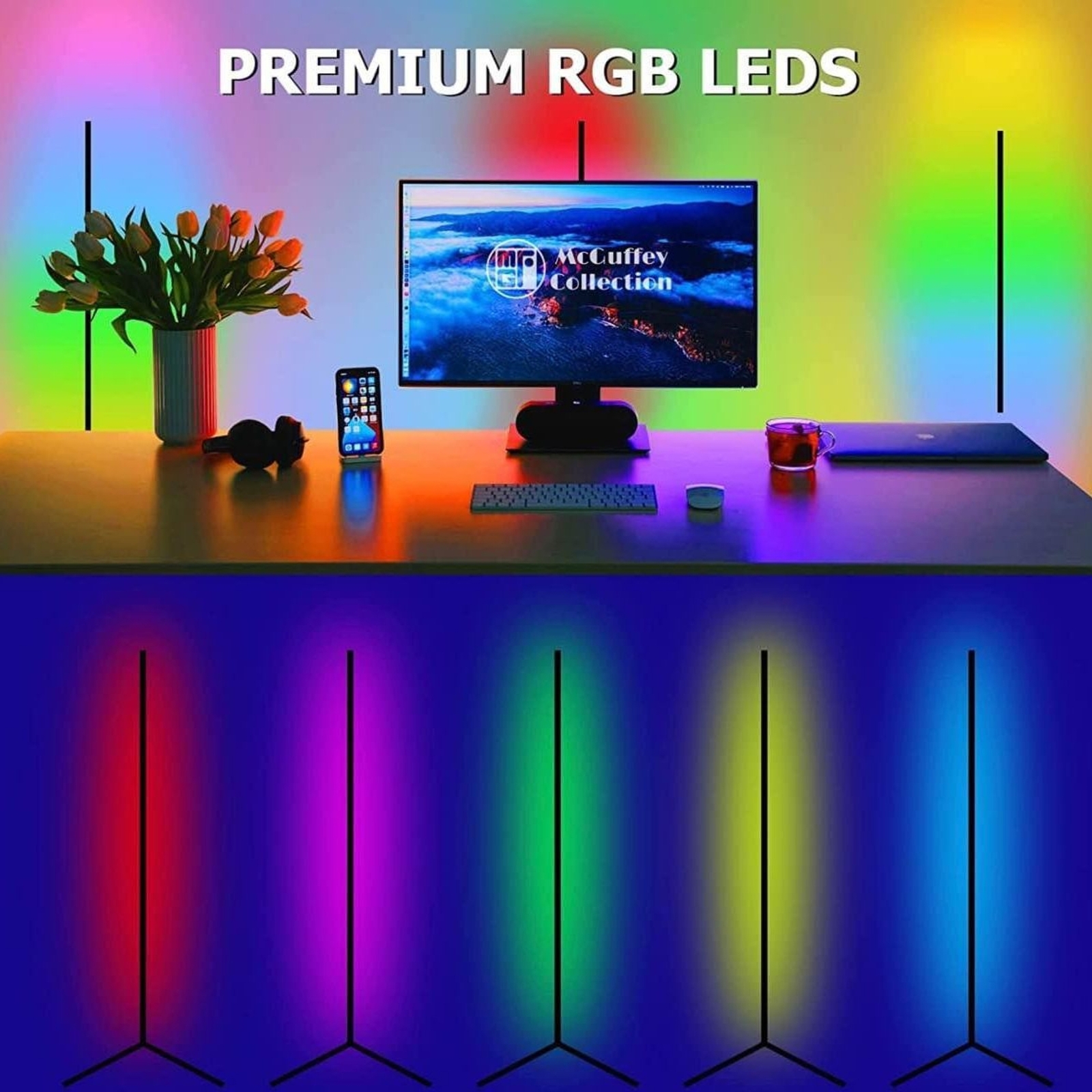 LED Floor Lamp, RGB Corner Light with Dimmable Remote Control Black 20W