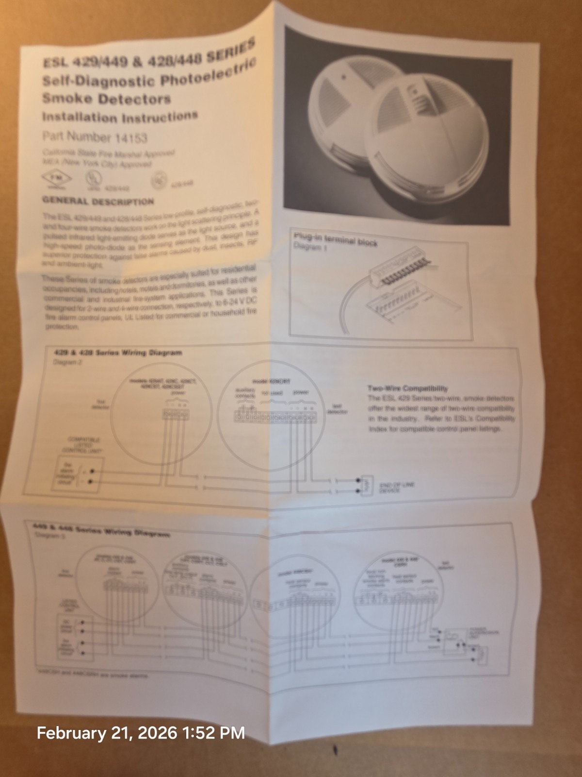Sentrol ESL 429C Photoelectric Self Diagnostic Smoke Hardwired Detector New In B