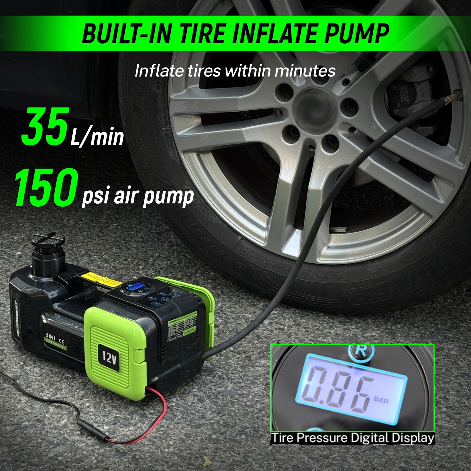 Electric Hydraulic Floor Jack 5 Ton 12V Impact Wrench Tire Inflator Pump Car Kit