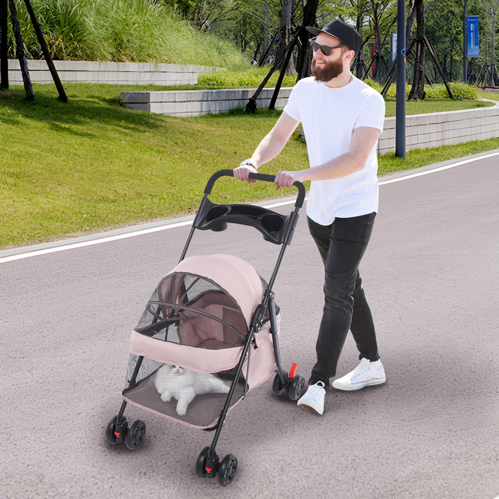 Dog Cat Stroller Pet Travel Carriage 4 Wheels Foldable Pets Carrier Cart PINK