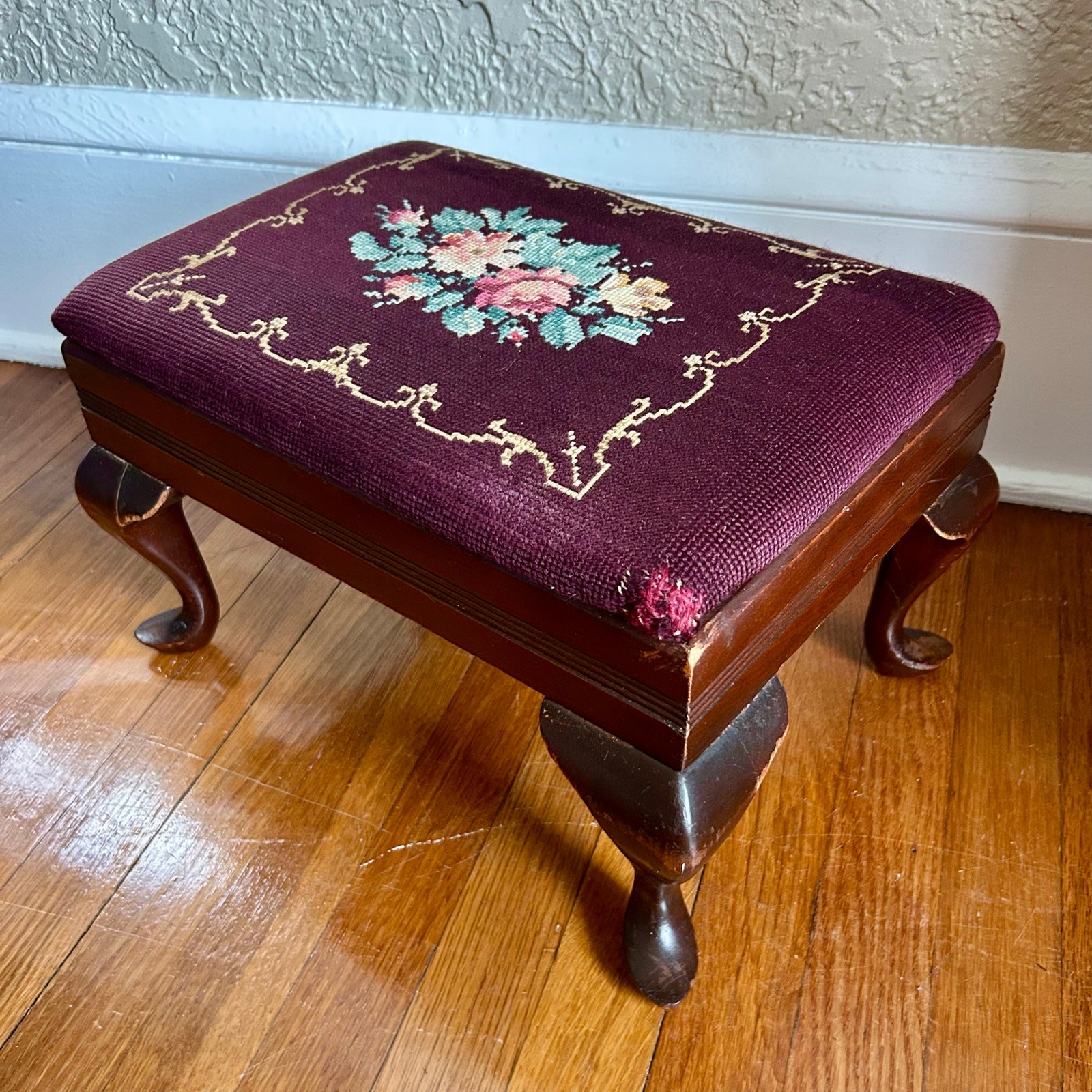 Antique Needlepoint Footstool with Queen Anne Style Legs