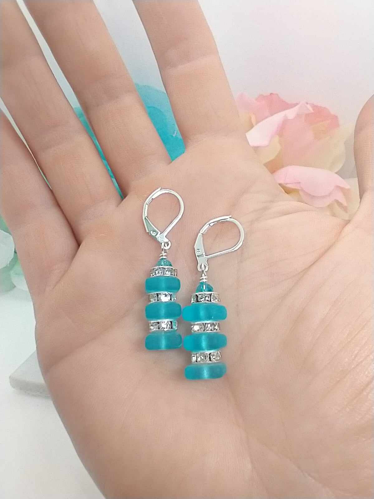 Stacked Lt. Blue Sea Glass Earrings, Gift For Her, Handmade, Minimalist Jewelry