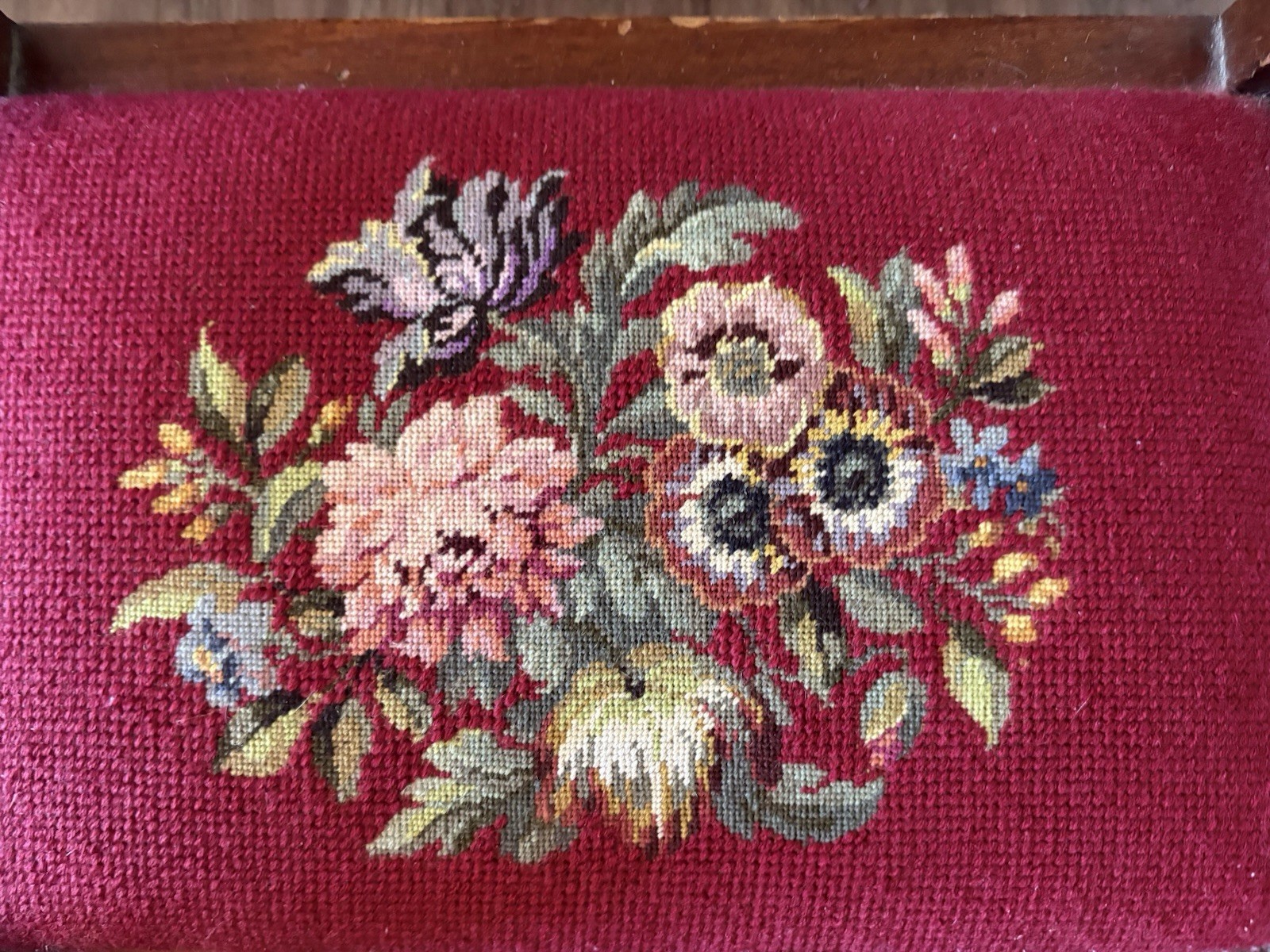 19thC Antique Victorian Footstool Bench Floral Needlepoint Petit Point