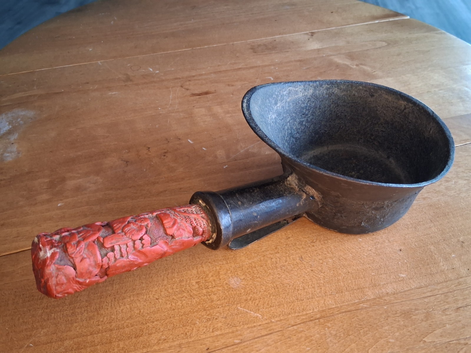 Antique 12" Big Chinese Bronze Silk Iron w/ Carved Cinnabar Handle, Hole Shown