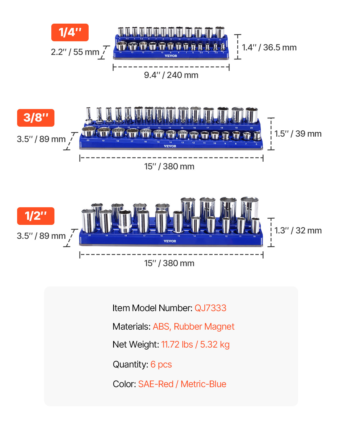 VEVOR Magnetic Socket Organizer Set 6PCS Socket Trays Blue & Red for Metric SAE