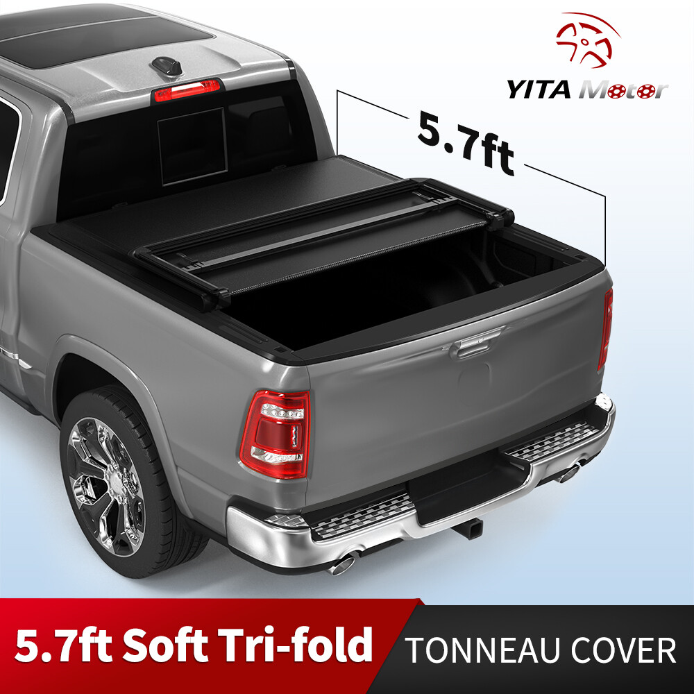 5.7ft 68" Bed Soft Tri-fold Tonneau Cover for 09-24 Dodge Ram 1500 Truck w/ Lamp