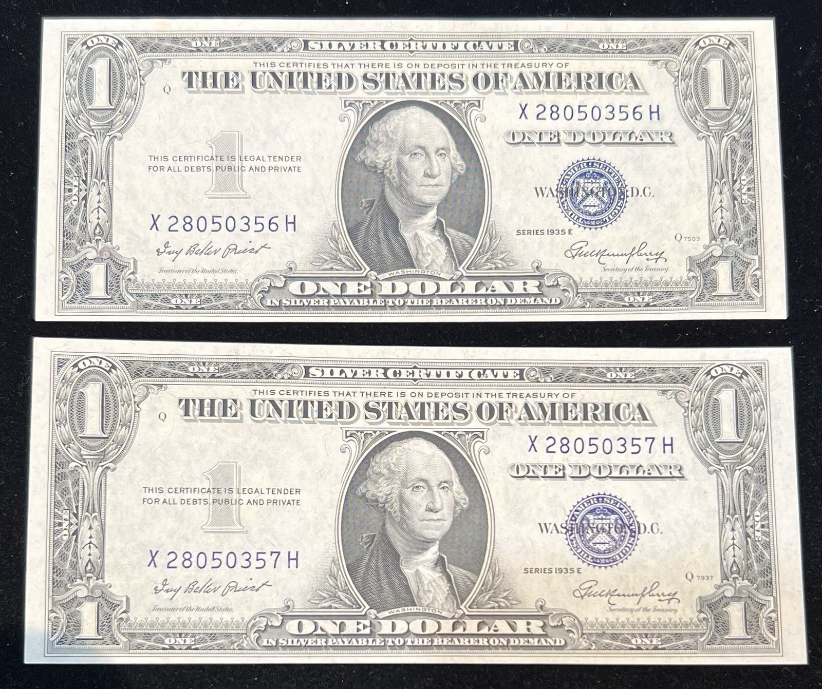 2 Consecutive 1935E $1 Silver Note Certificates Nice Notes!!!