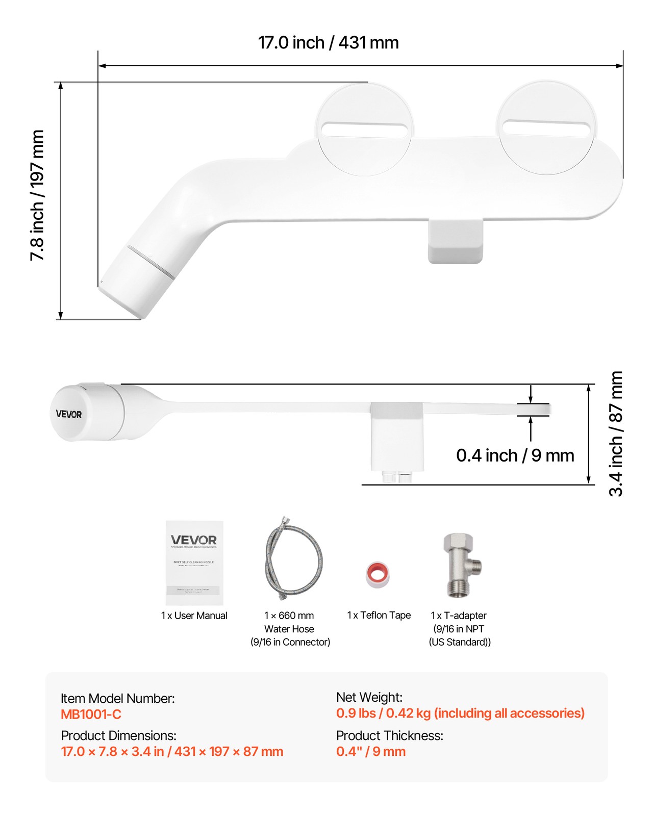 VEVOR Bidet Attachment for Toilet Dual Nozzles Adjustable Pressure Non-Electric