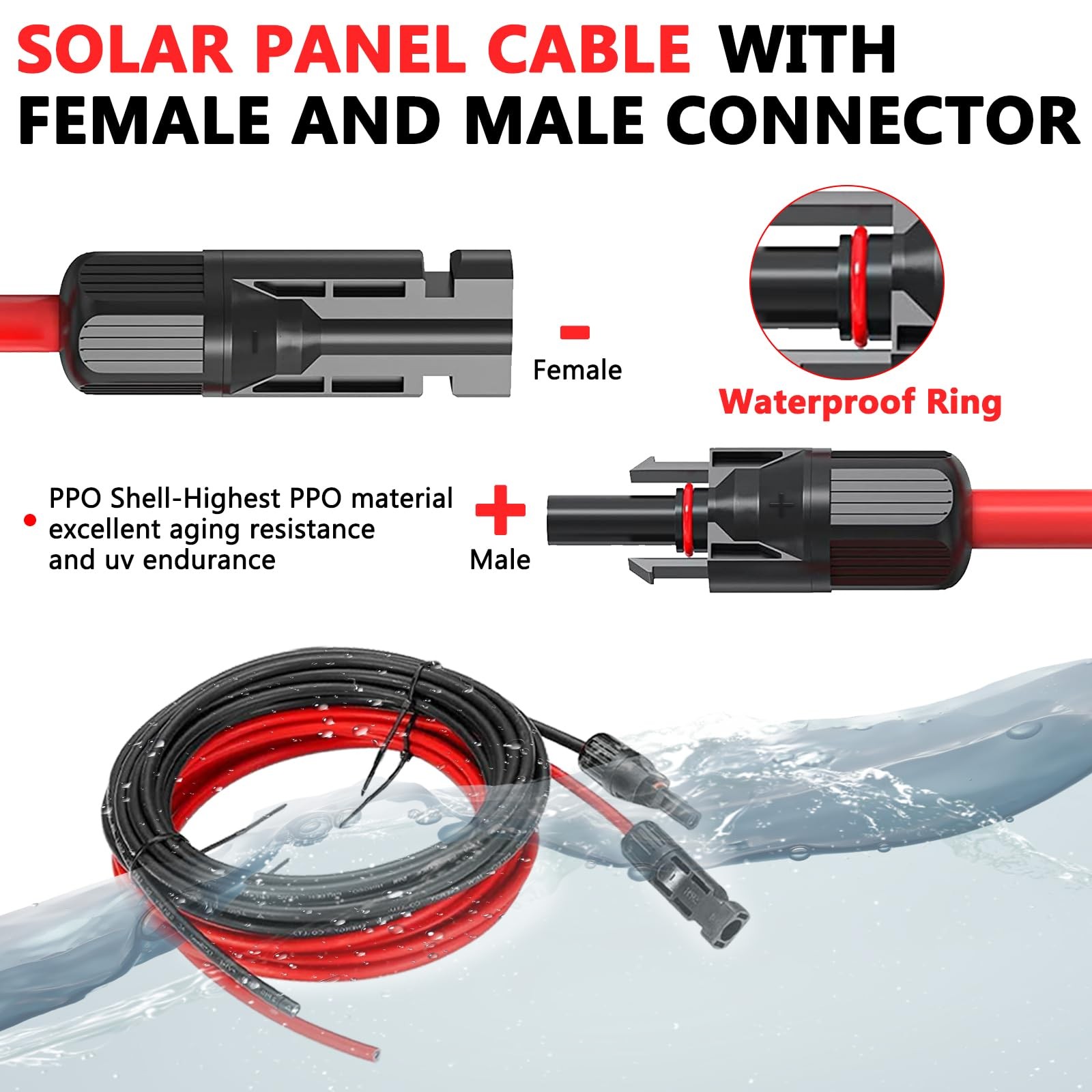 Vansdon 2x30 Feet Solar Panel Extension 30 10AWG, Black& Red 10AWG