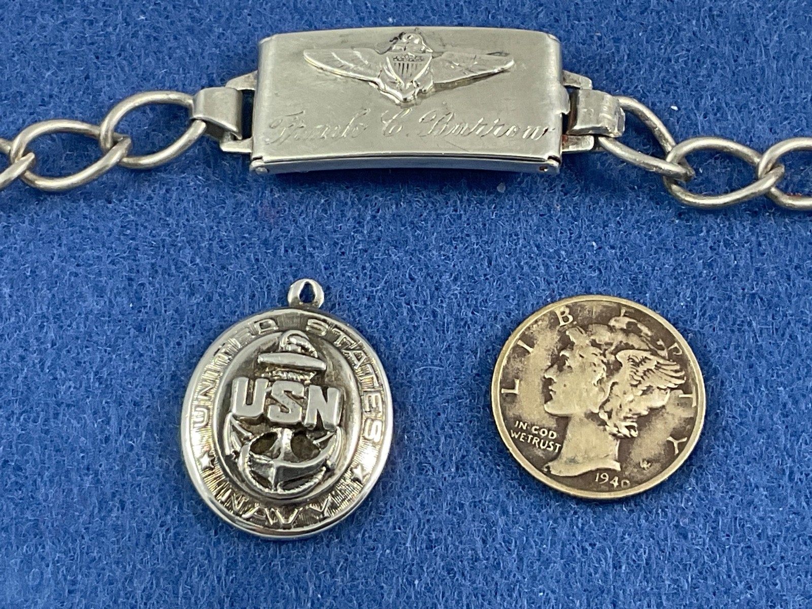 Vintage WW II Sterling Silver Navy Pilot Sweetheart Bracelet & Pendant