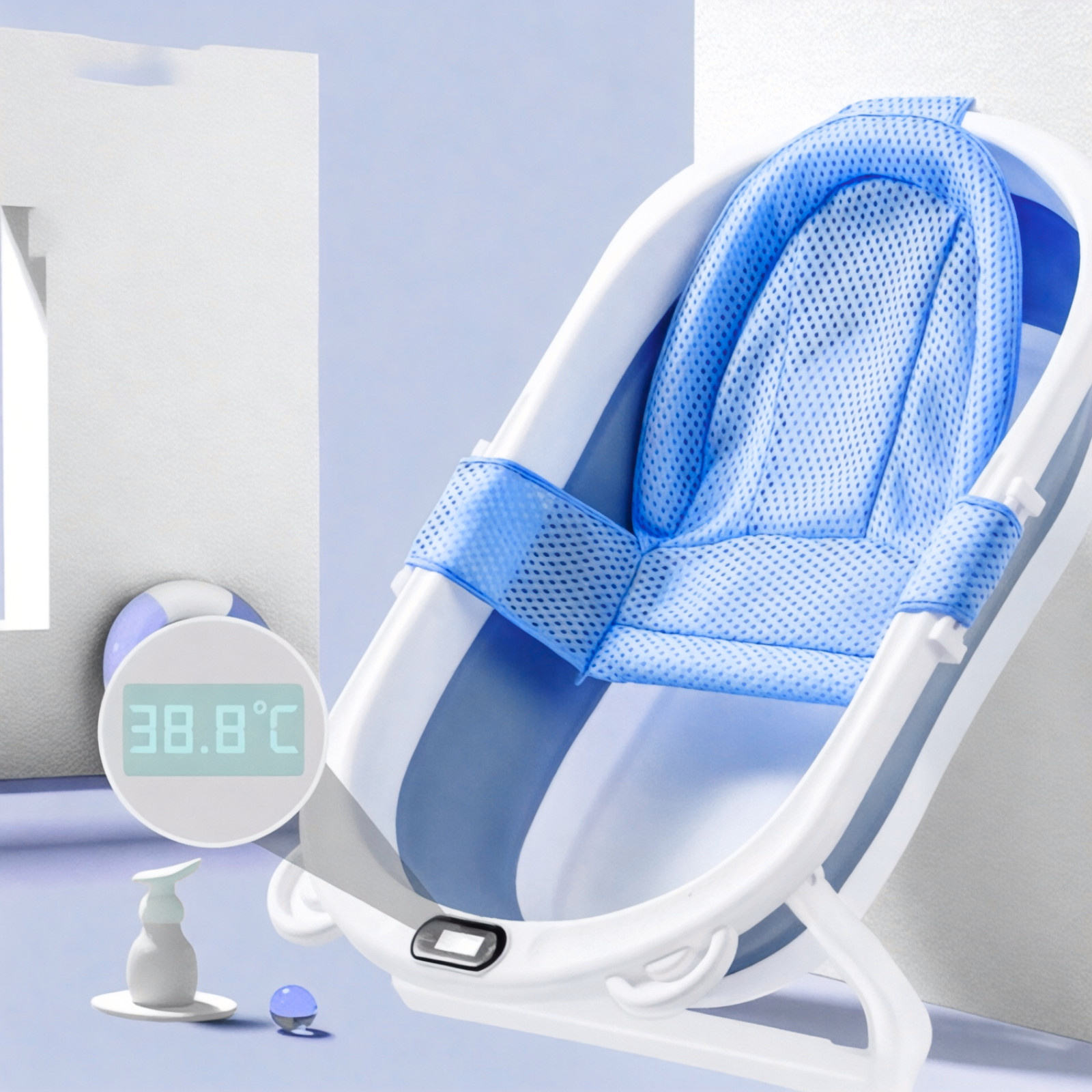Collapsible Baby Bathtub with Real-Time Thermometer, Foldable Infant to Toddler