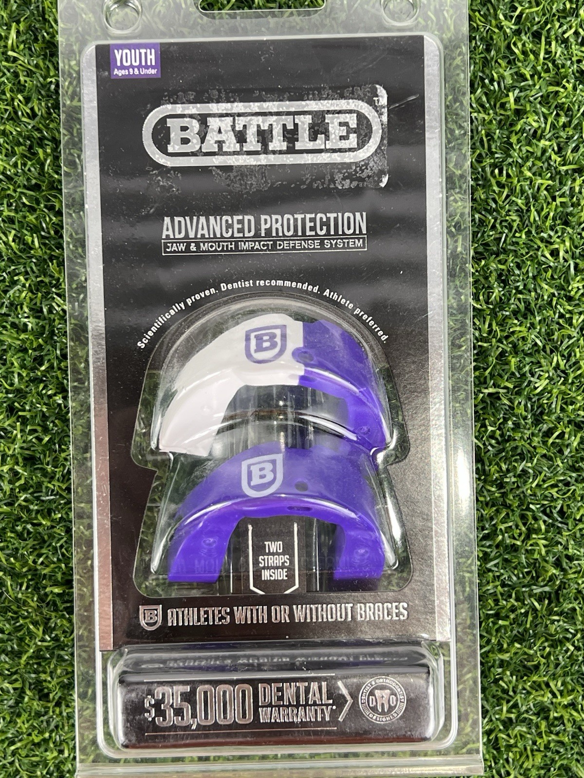 Battle Mouthguard Youth 9U Ever Mold Composite 2 Pack Easy Clip Straps Purple