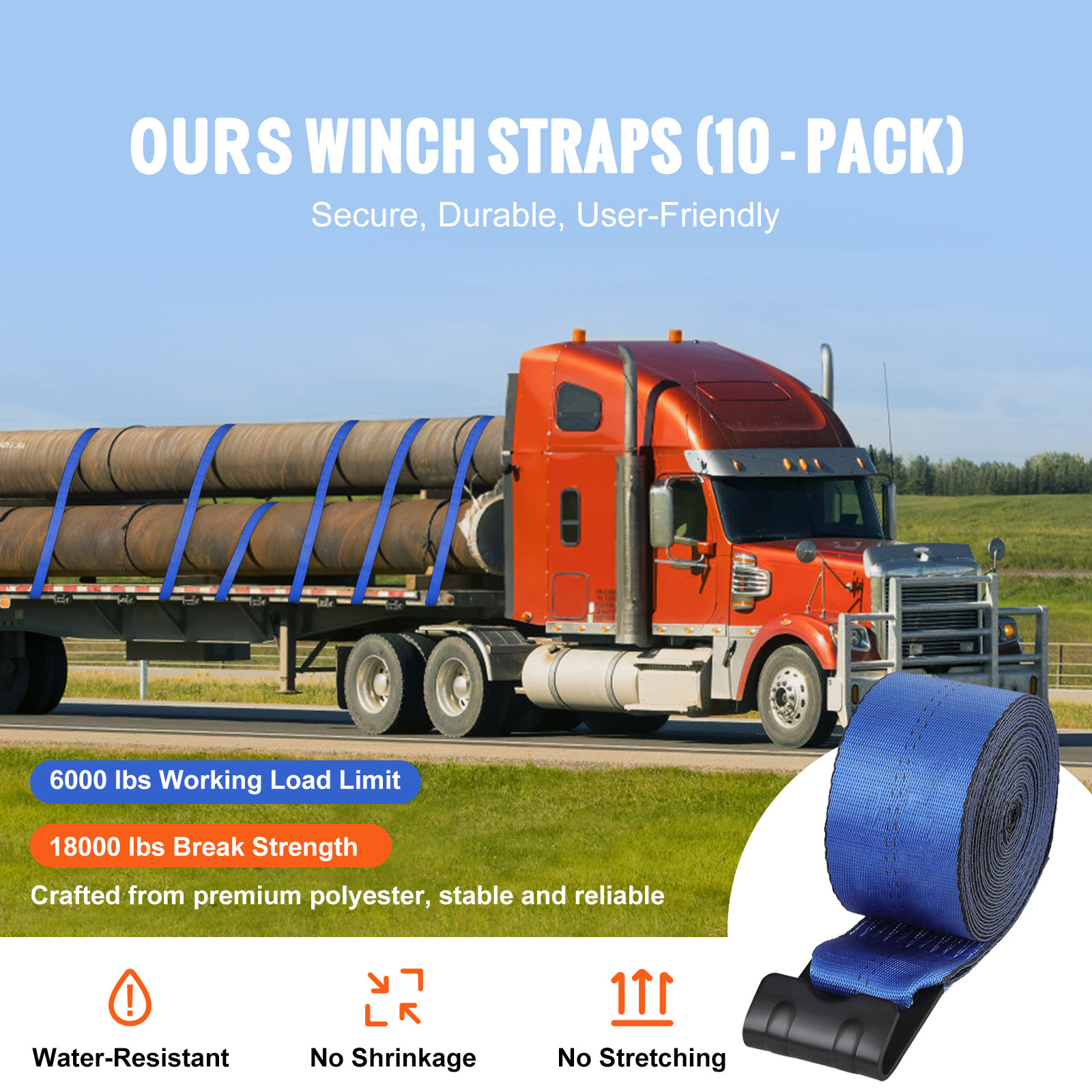 10 Pack Truck Straps 4" x 30' Winch Straps w/Flat Hook for Towing Blue 18000 lbs
