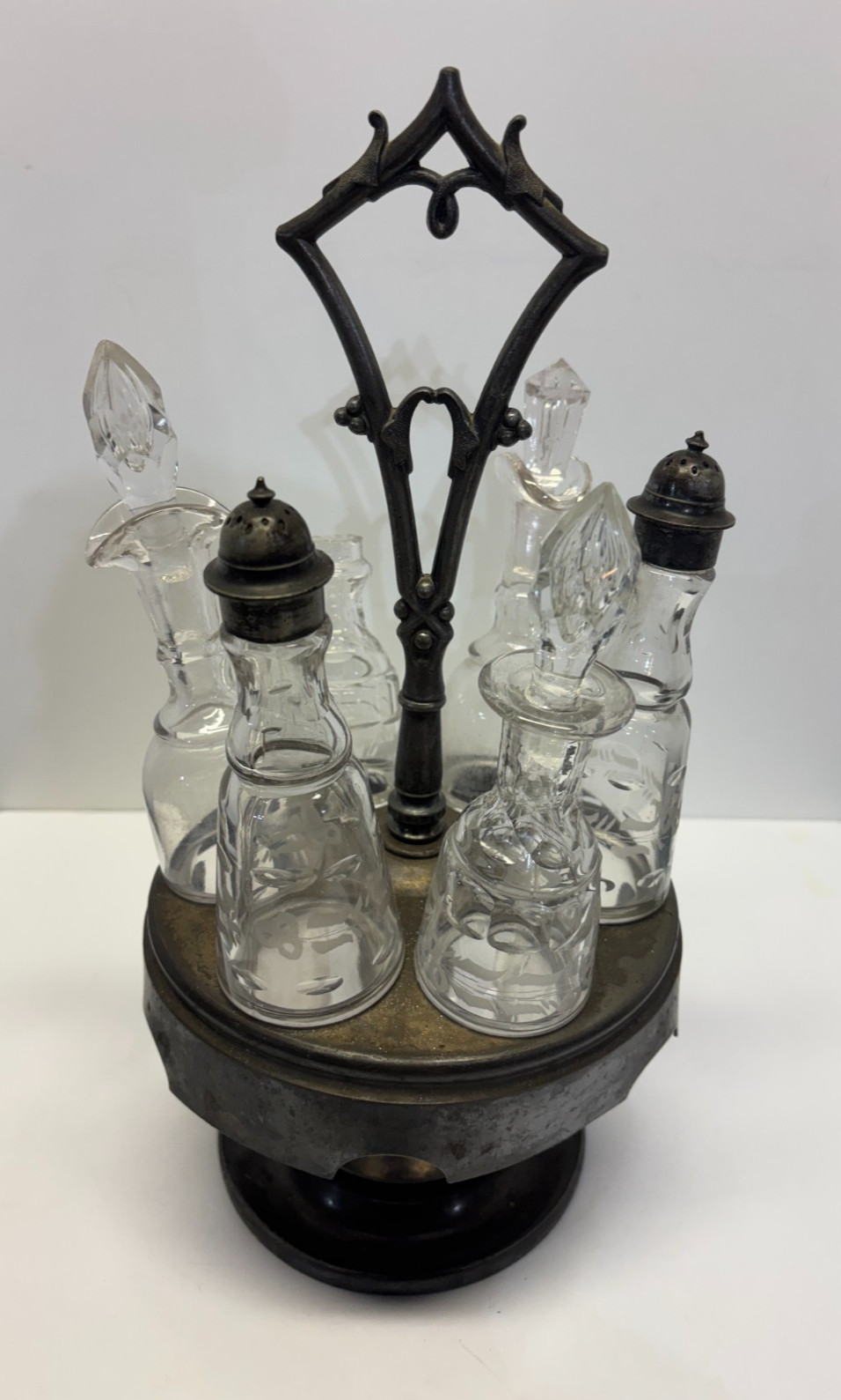 Antq. 1861 SIMPSON HALL MILLER, Treble Pl Silver 7 pc CRUET CONDIMENT Caddy Set