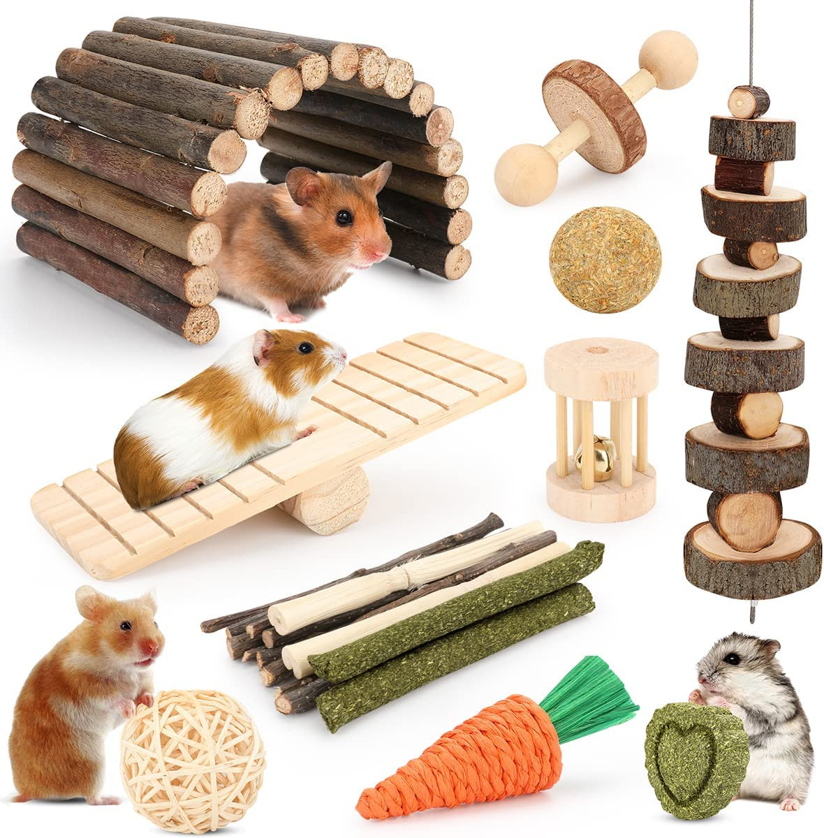 Hamster Cage Accessories, 12 Different Chew Toys for Guinea Pig, Chinchillas, Ge