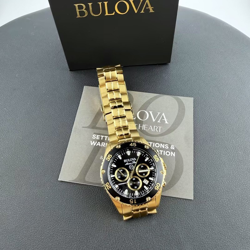 Men Bulova Marine Star Black/Gold Dial Chronograph 98B406 Quartz Watch 41.5mm