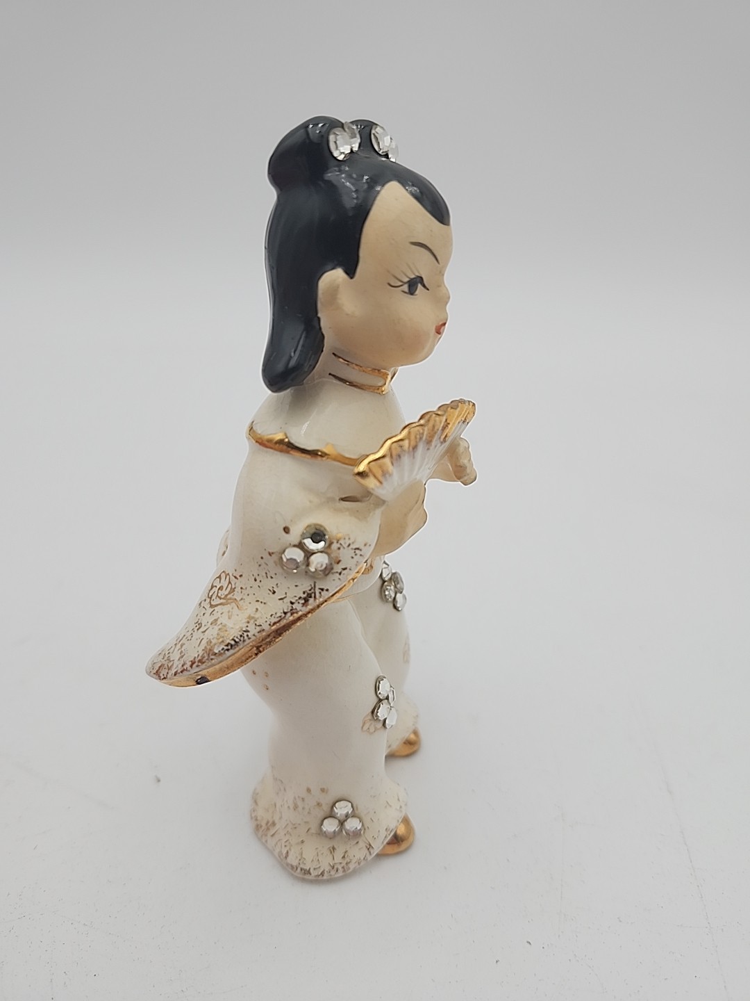 Lefton Geisha Fan Girl Figurine Vintage Rhinestone Japanese Statue Japan