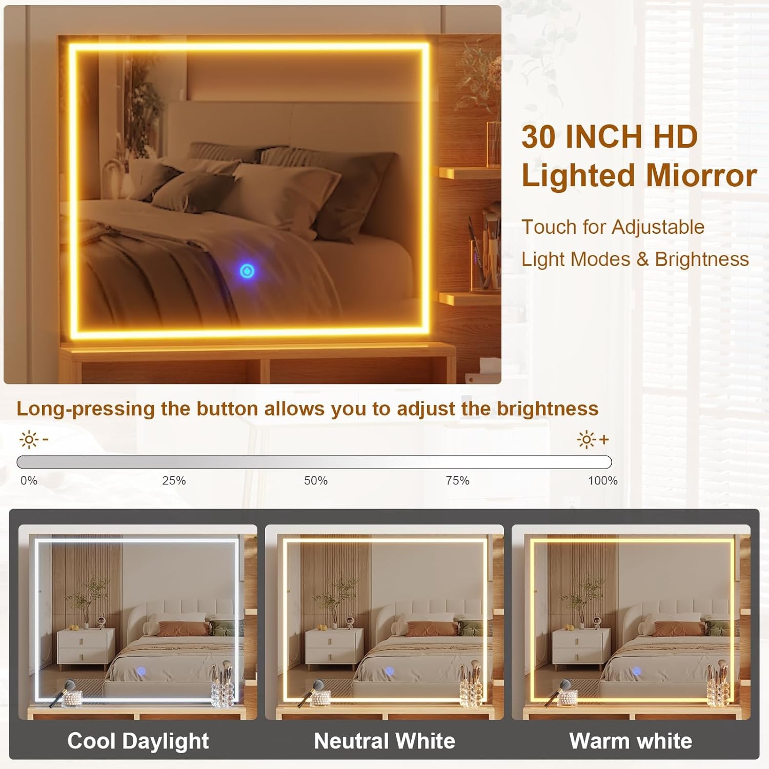 Vanity Desk with Lighted Mirror & USB,Fluted Makeup Table with 5 Drawers Storage