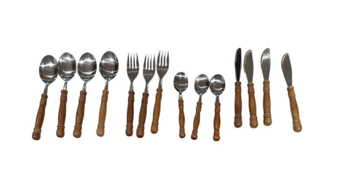 Vintage Mid Century Modern Turned Wood Handle Flatware Taiwan Set 14 pieces