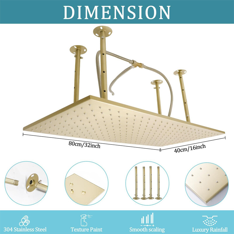 32x16" Large Rainfall High Pressure Luxury Shower Head Top Sprayer Ceiling Mount