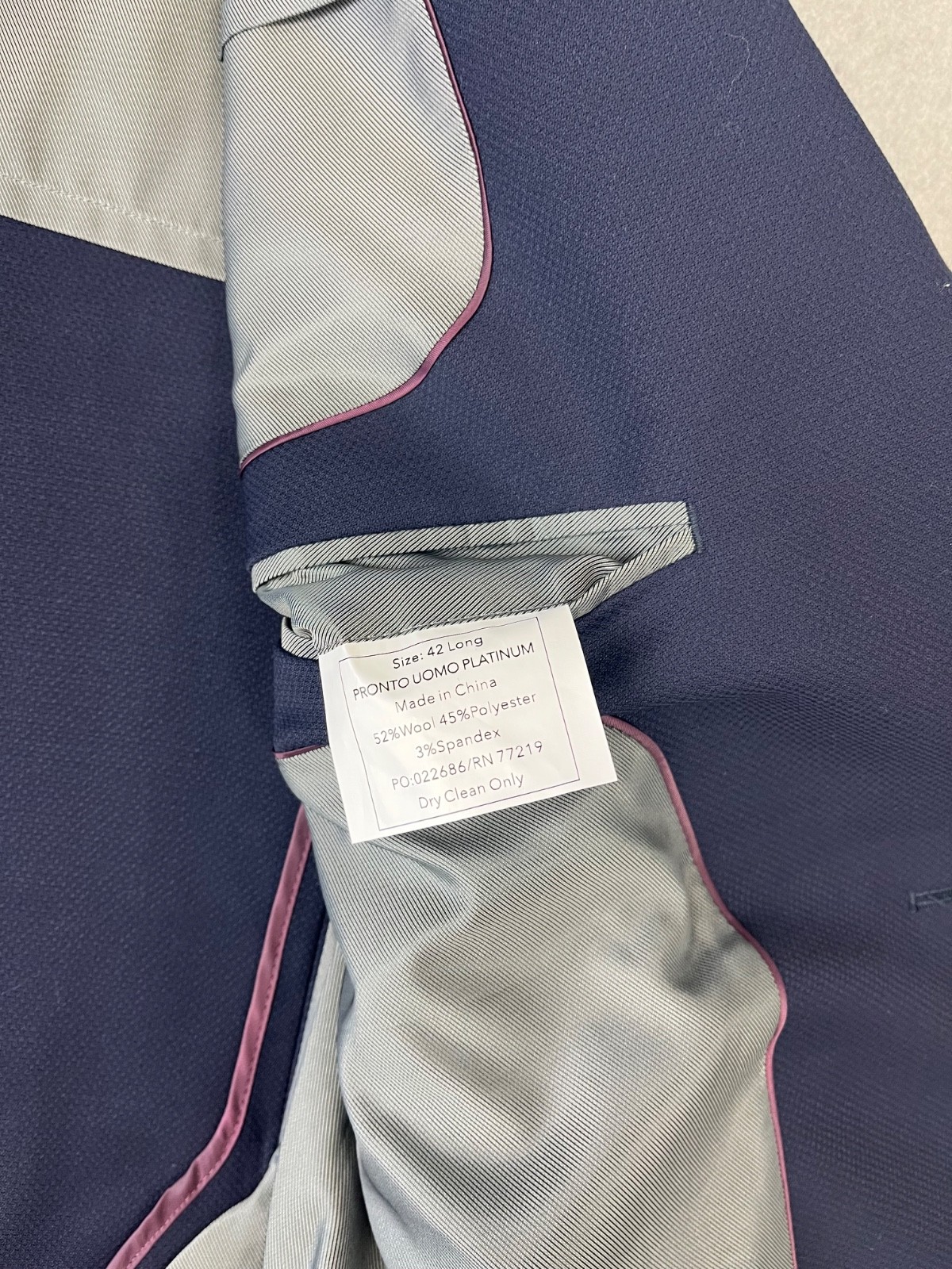 Pronto Uomo Platinum Blazer Mens 42L Navy Wool Blend 2 Button Modern Fit Stretch