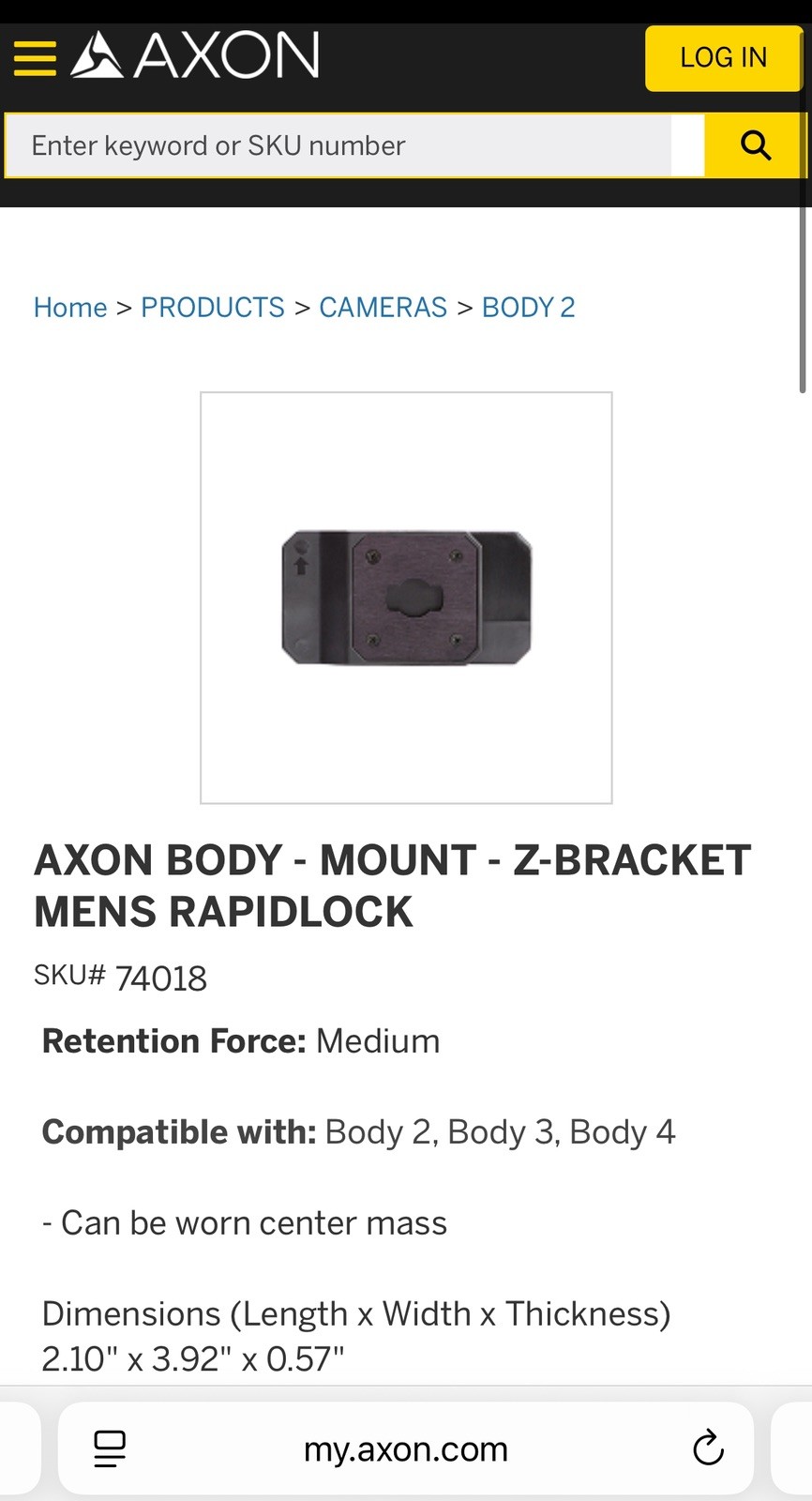 Axon Body Camera Z BRACKET Mount Model 74018 *NEW*