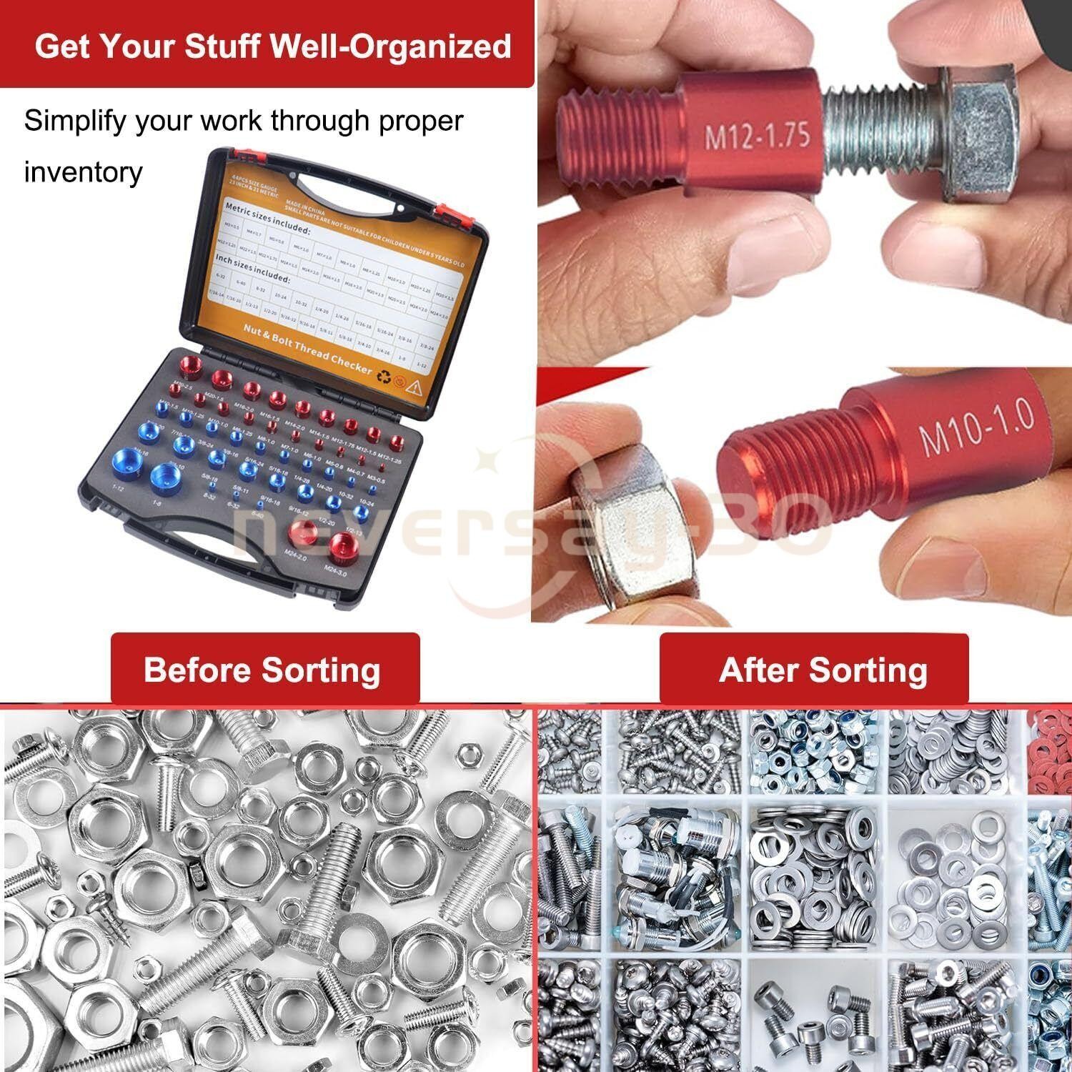 44pcs Screw Bolt Nut Thread Measure Gauge Size Checker Set (23 Inch & 21 Metric)