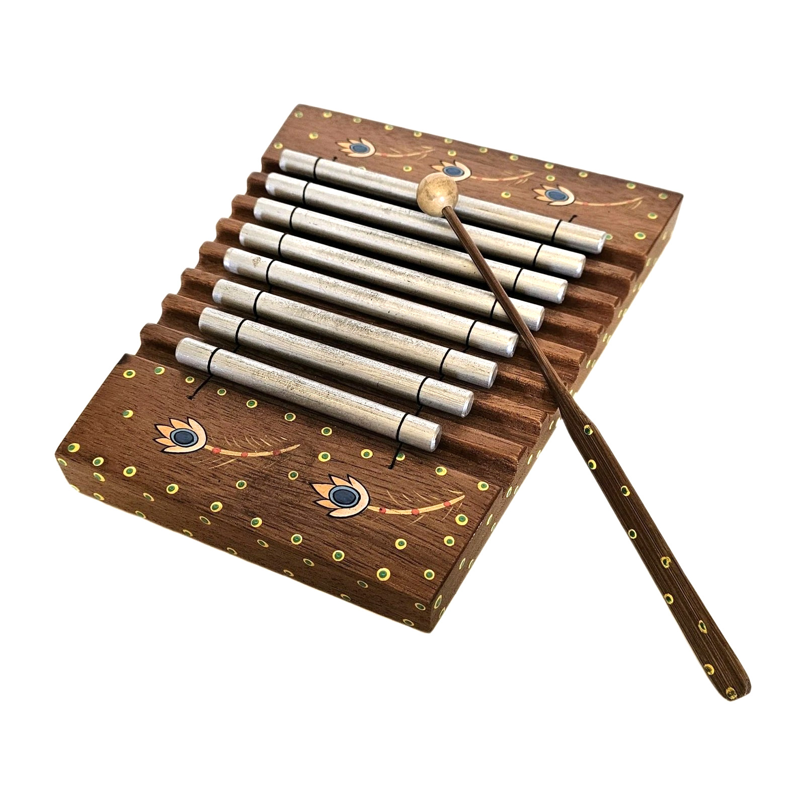 Teak Wood Meditation Chime Xylophone Hand painted w Mallet & 8 Stainless Keys