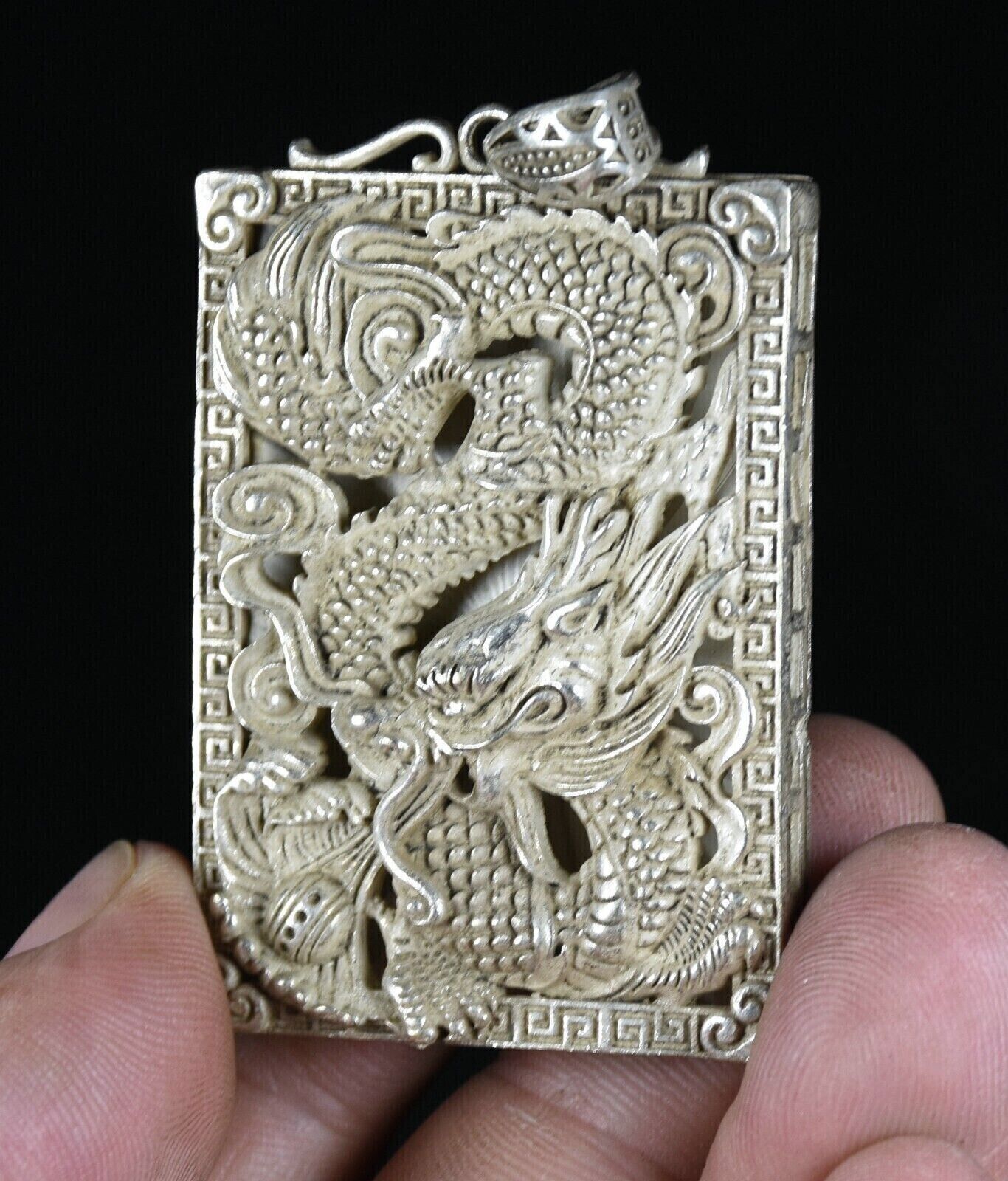 5.5CM Rare Old Chinese Miao Silver Feng Shui Dragon Loong Luck Necklace Pendant