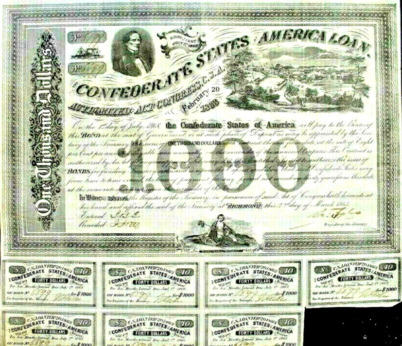 Confederate States of America CSA loan + Coup. Richmond 1863 USA Jefferson Davis