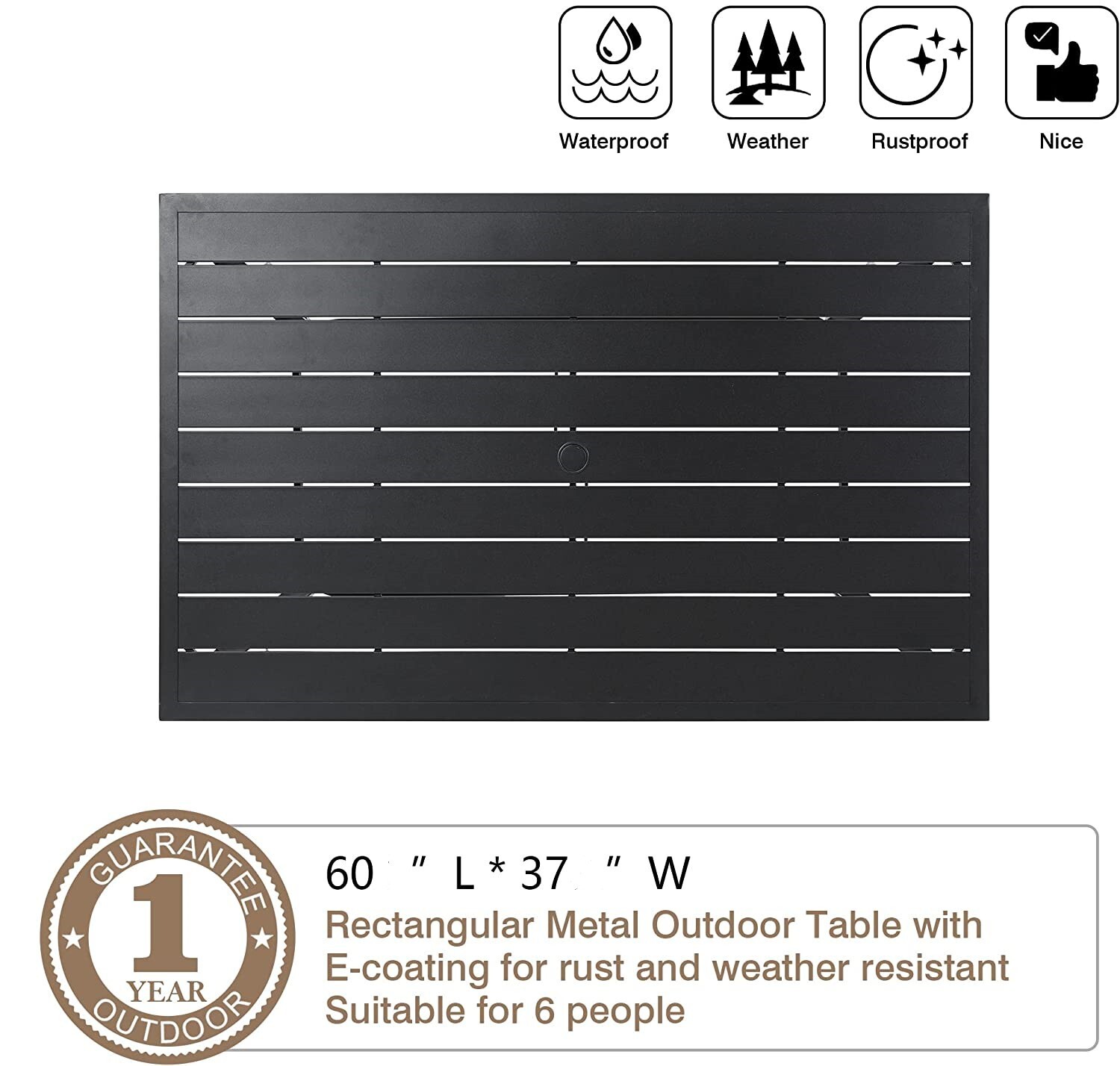 60" Outdoor Dining Table Metal Rectangular Patio Dining Table with Umbrella Hole
