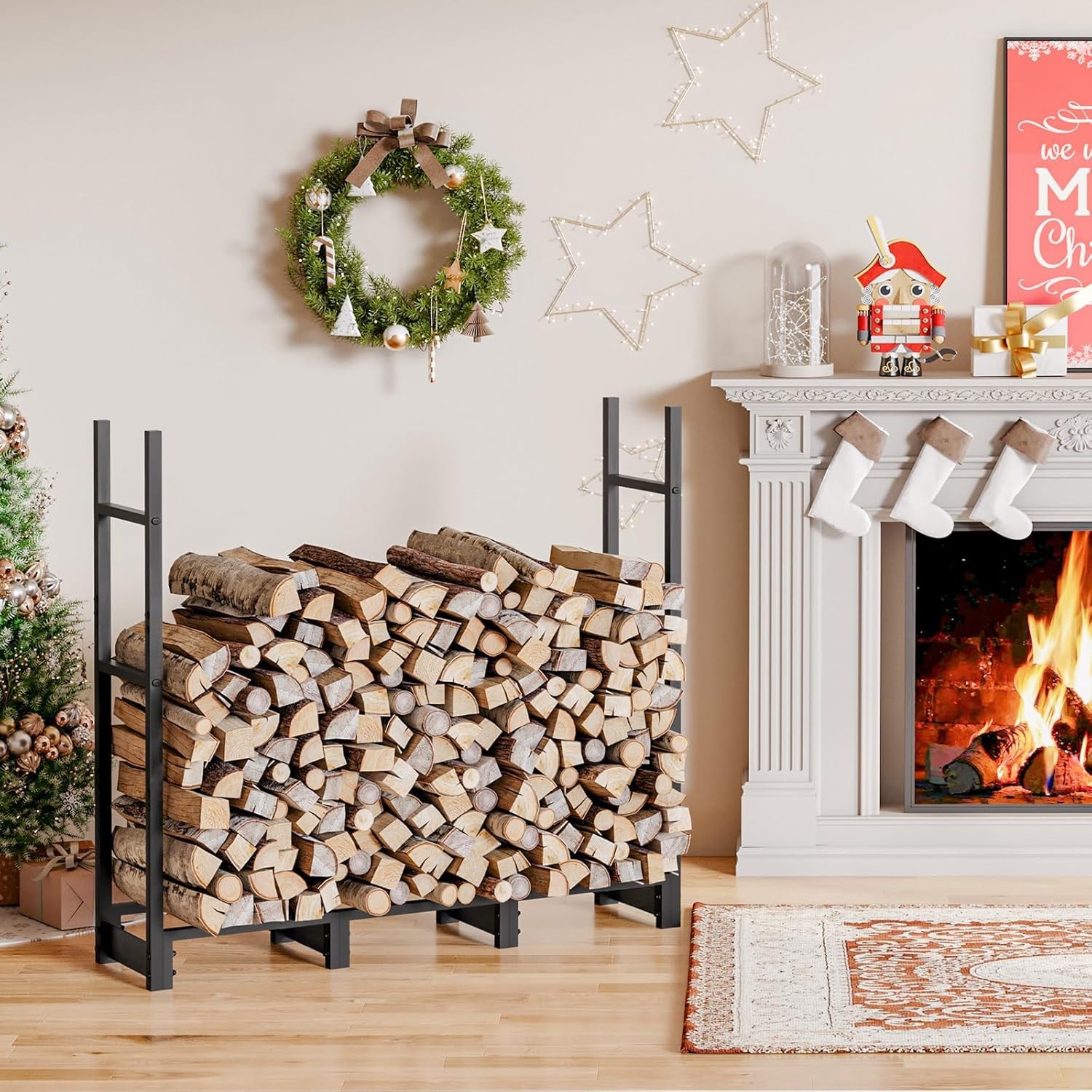 4FT Firewood Rack with Cover Outdoor Firewood Log Rack Adjustable Log Holder