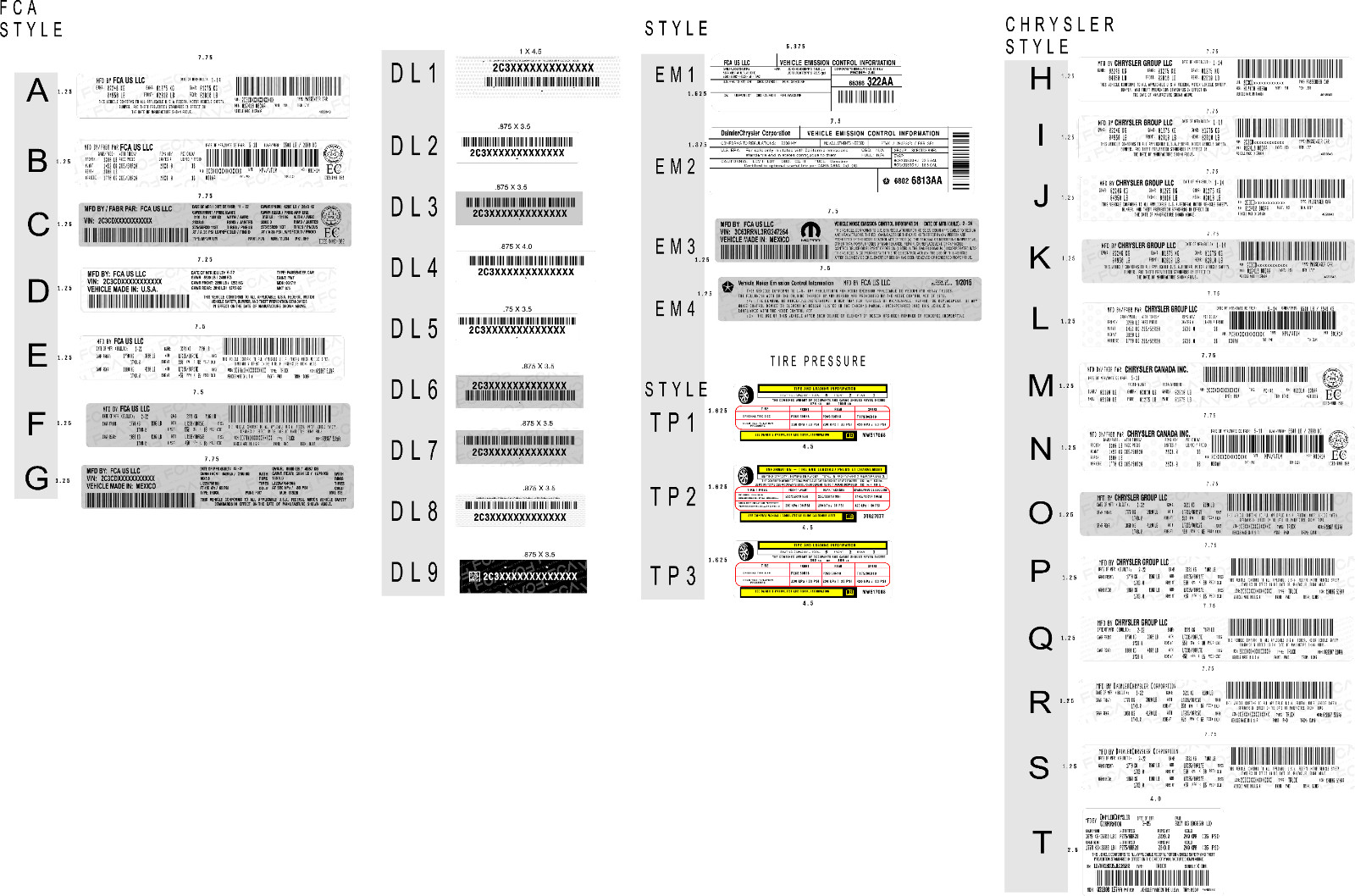CUSTOM FCA CHRYSLER Decal Sticker ID Label Tire Loading Information VIN# USA 3M