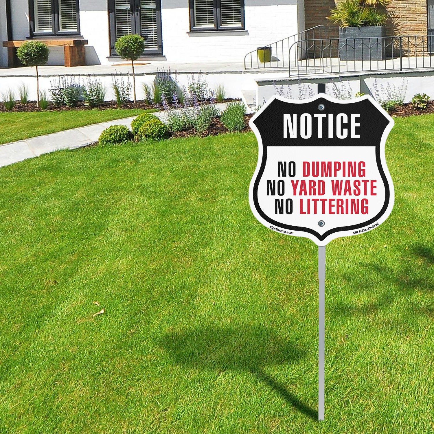 Notice No Dumping No Yard Waste No Shield Shaped Sign With Stake