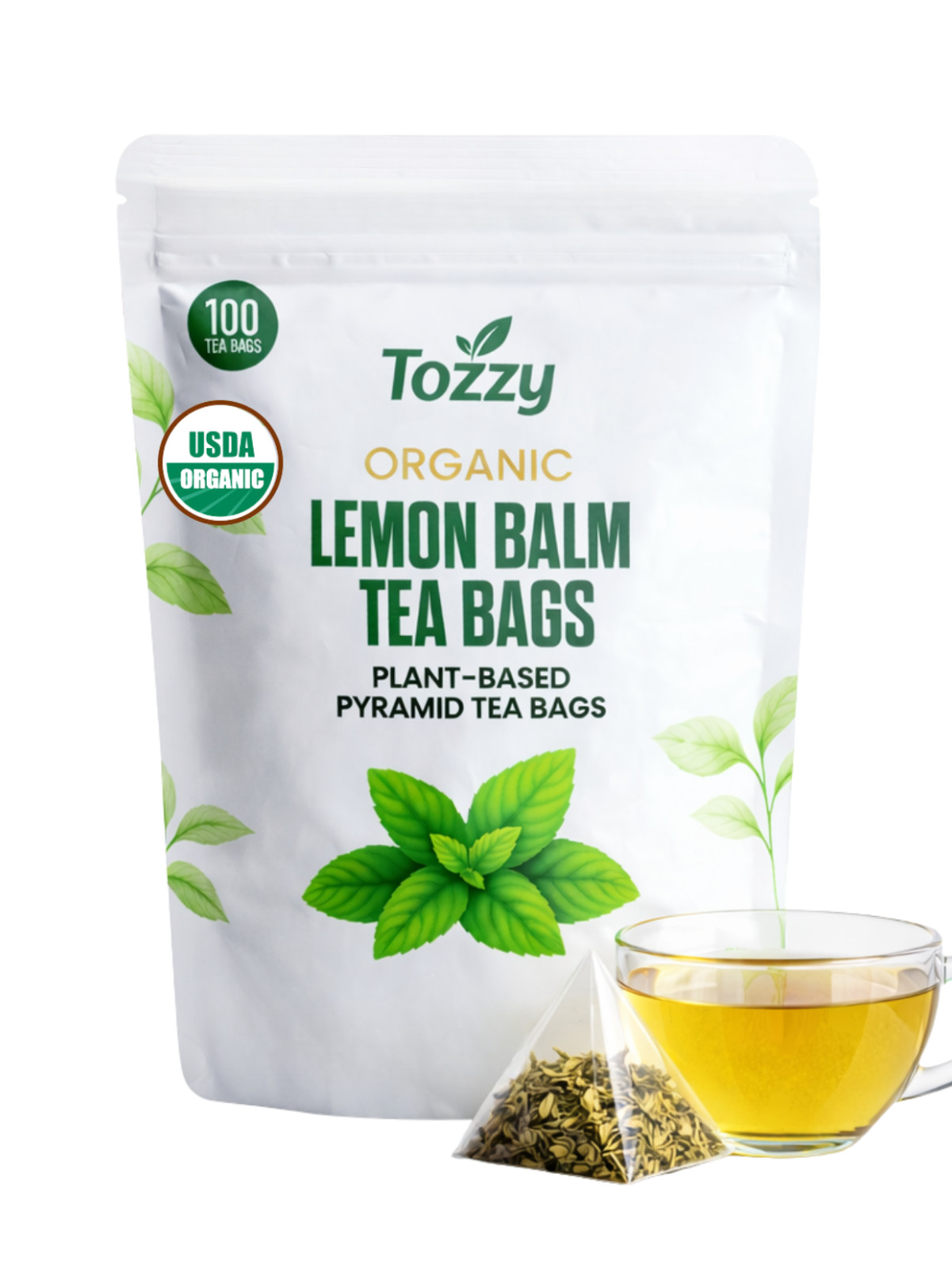 Organic Lemon Balm Tea Bags - 100 Count (Plant-Based Pyramid Tea Bags)
