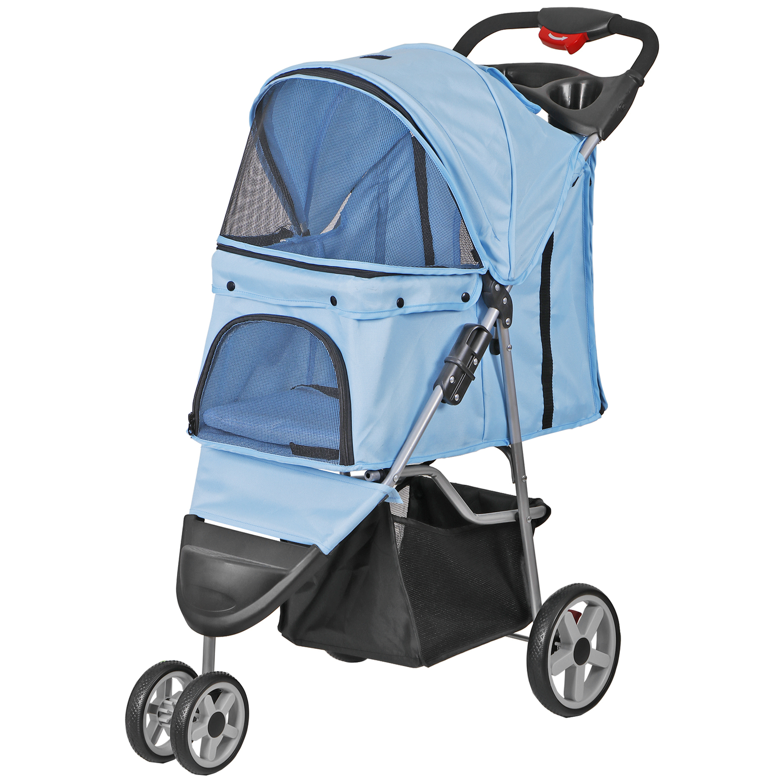 Foldable Pet Stroller for Cats and Dogs 3 Wheels Carrier Cart w/Cup Holder Blue