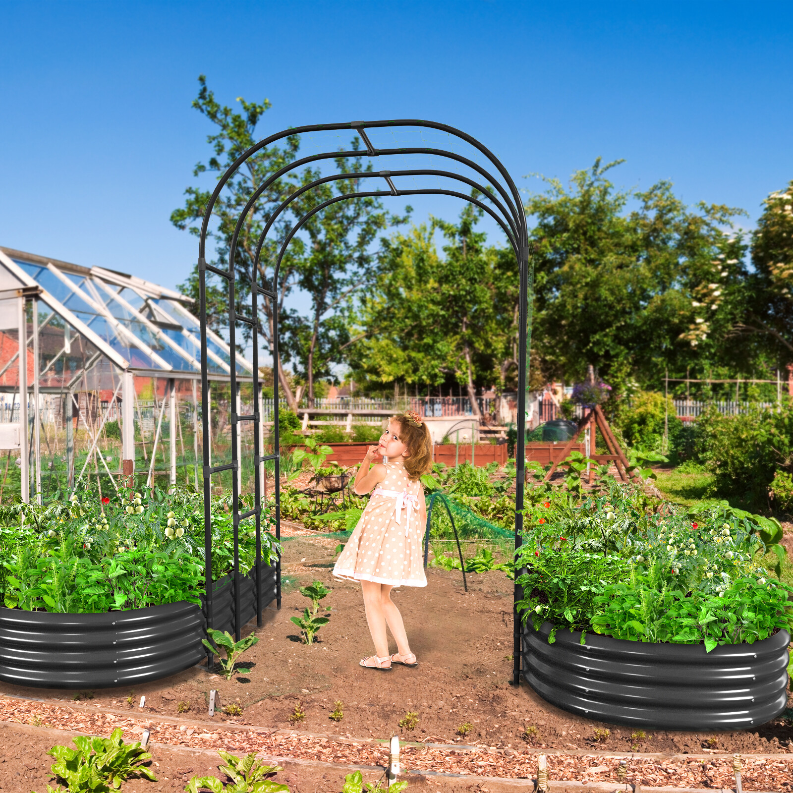 SLSY Galvanized Raised Garden Bed with 85in Tall Garden Trellis for Vegetables