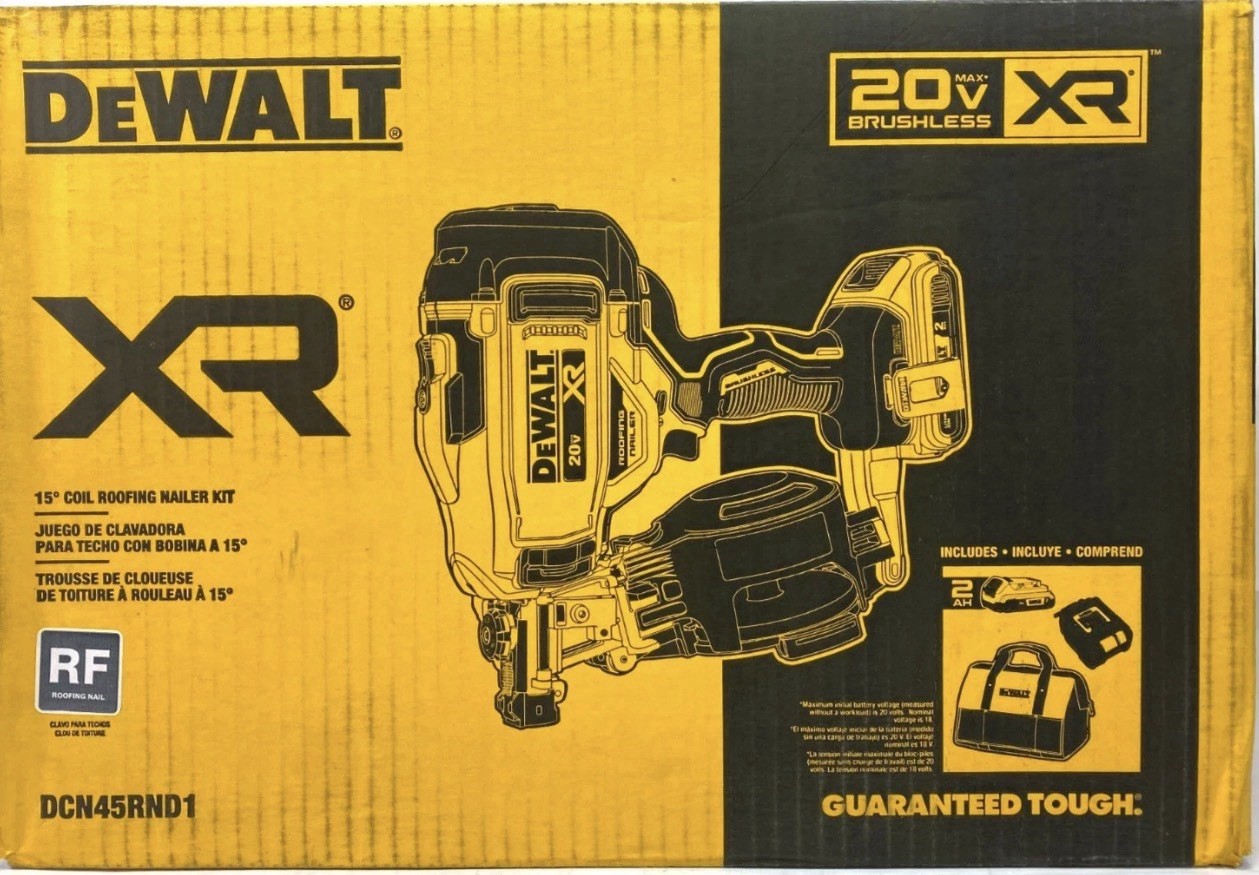 DEWALT 20V XR Brushless 15° Coil Roofing Nailer DCN45RND1 Battery Charger Bag
