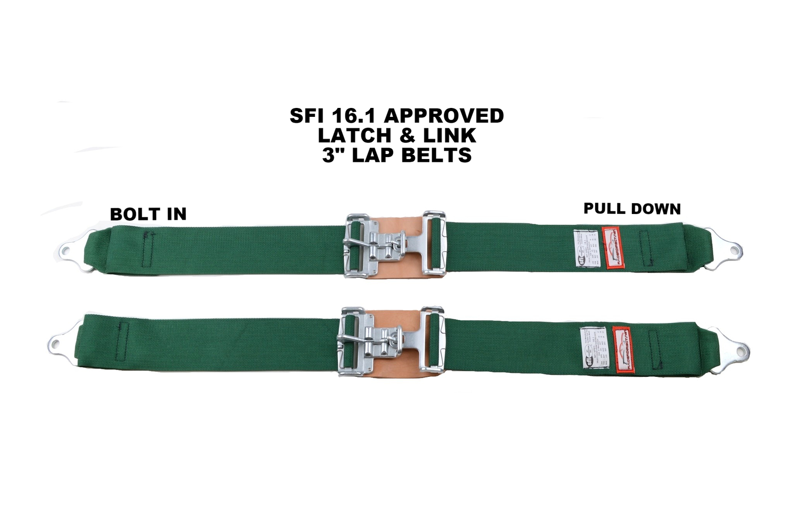 SAFETY HARNESS NEW PAIR 3" LATCH & LINK LAP BELT 2 POINT RACING BELT GREEN