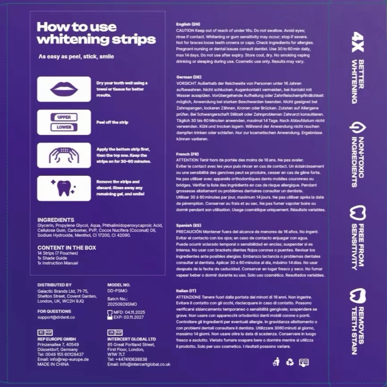 DRDENT Purple Whitening Strips: 14 strips, Enamel-Safe, Peroxide-Free Teeth