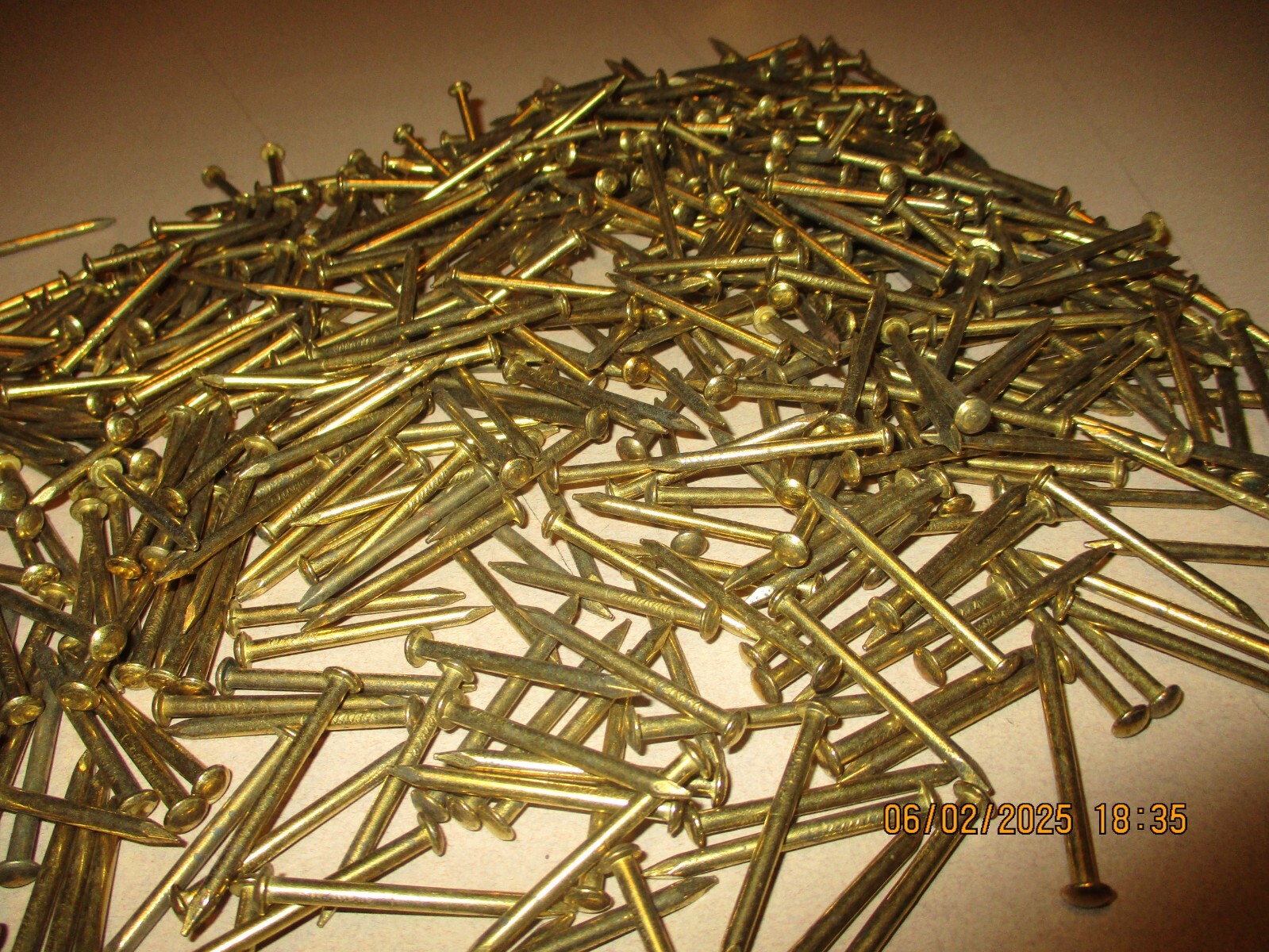 REAL NICE LOT OF 100--1 3/8" LONG X JUST UNDER 1/8" SHANK BRASS PLATED NAILS