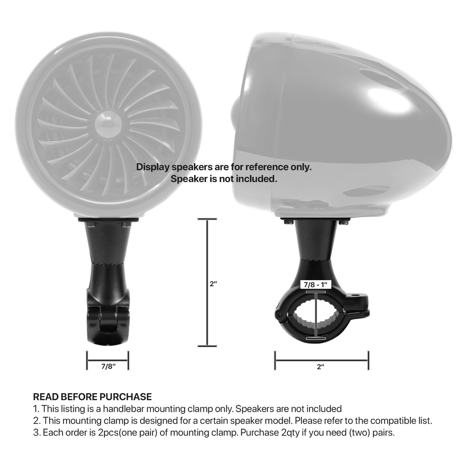 Pair of black speaker mounting clamp for 1 to 1-1/4" handlebar black