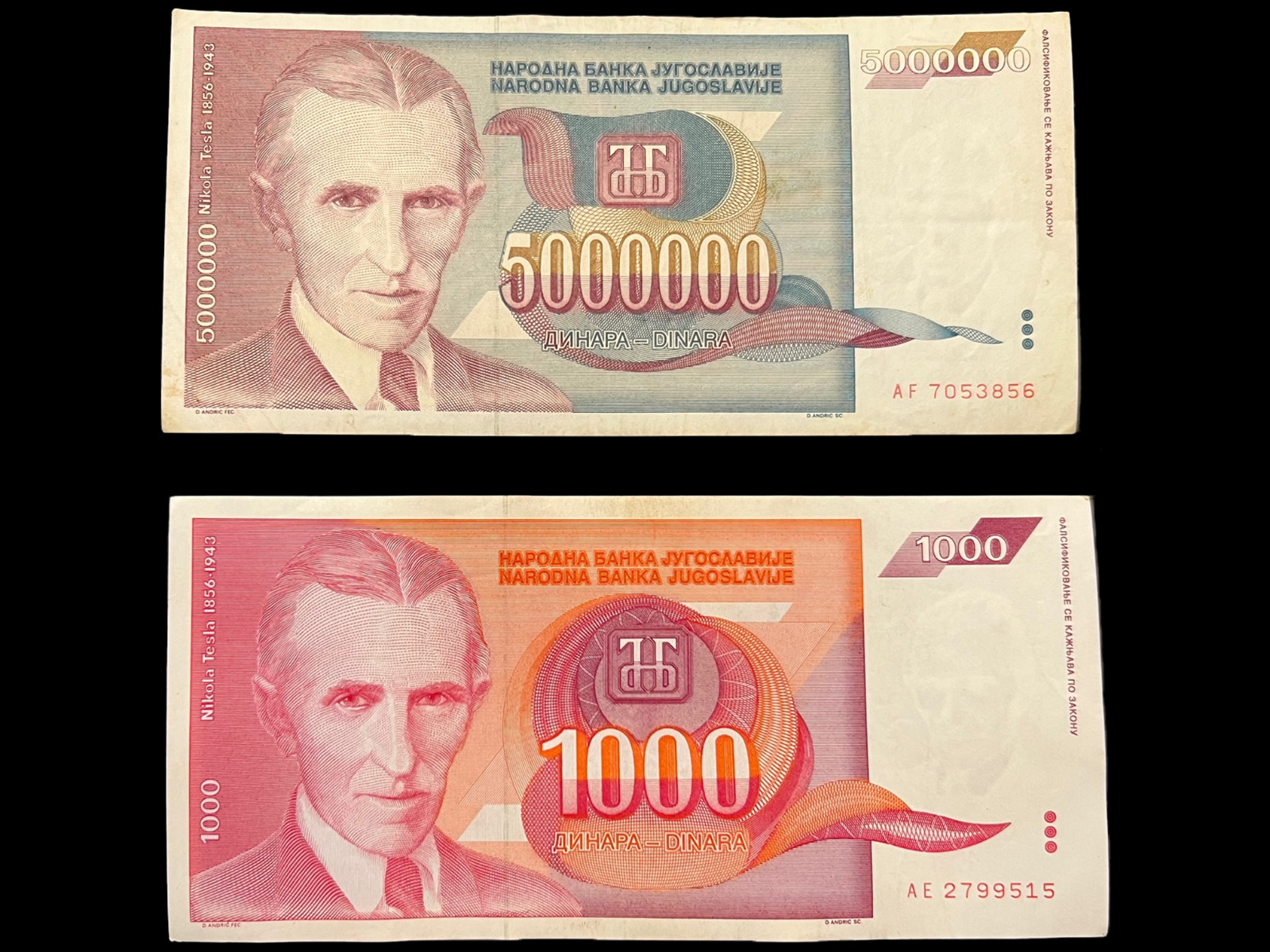 Yugoslavia 1993 Nikola Tesla 1000 & 5 Million Dinara Banknote Currency Money