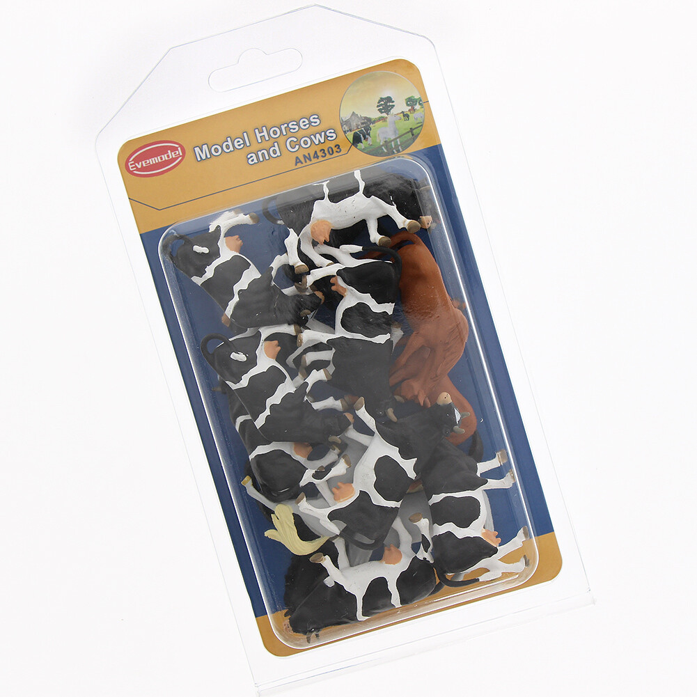 Evemodel 15pcs O Scale 1:43 PVC Farm Animals Painted Model Horses Cows