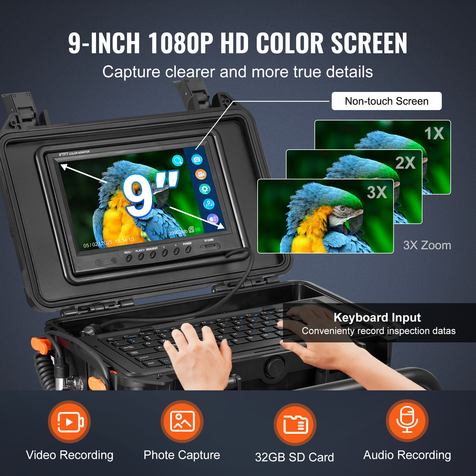 9" Sewer Camera 98 ft/30m Self-Leveling Drain Camera with 512Hz Transmitter