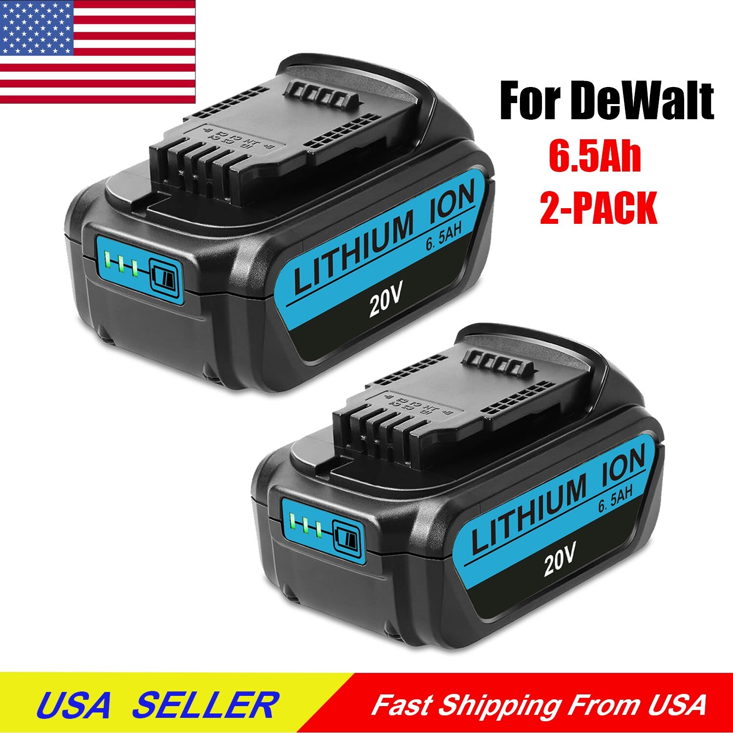 2Pack 6.5AH Battery Replacement For DeWalt 20V Max Lithium ion 20 Volt DCB206