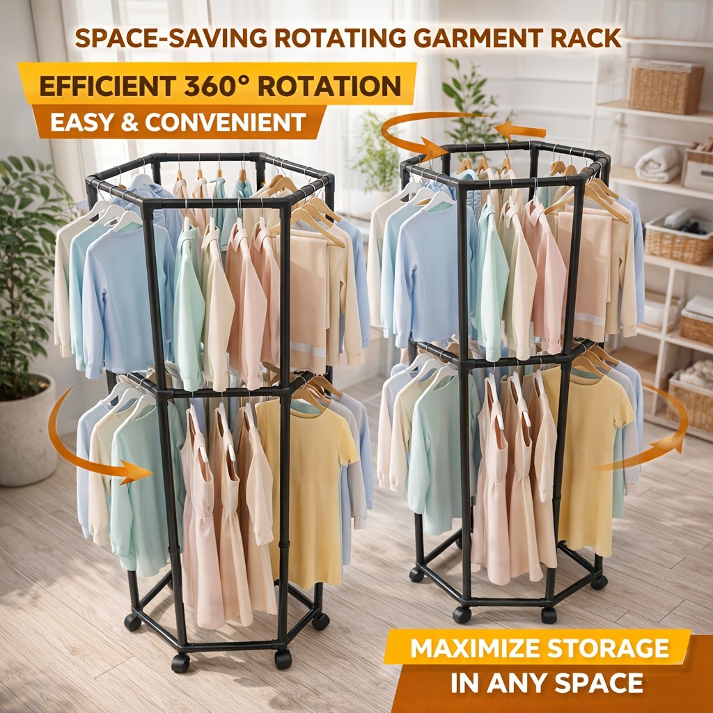 Clothes Rack With Wheels, Hexagonal Rolling Clothing Rack For Hanging Clothes