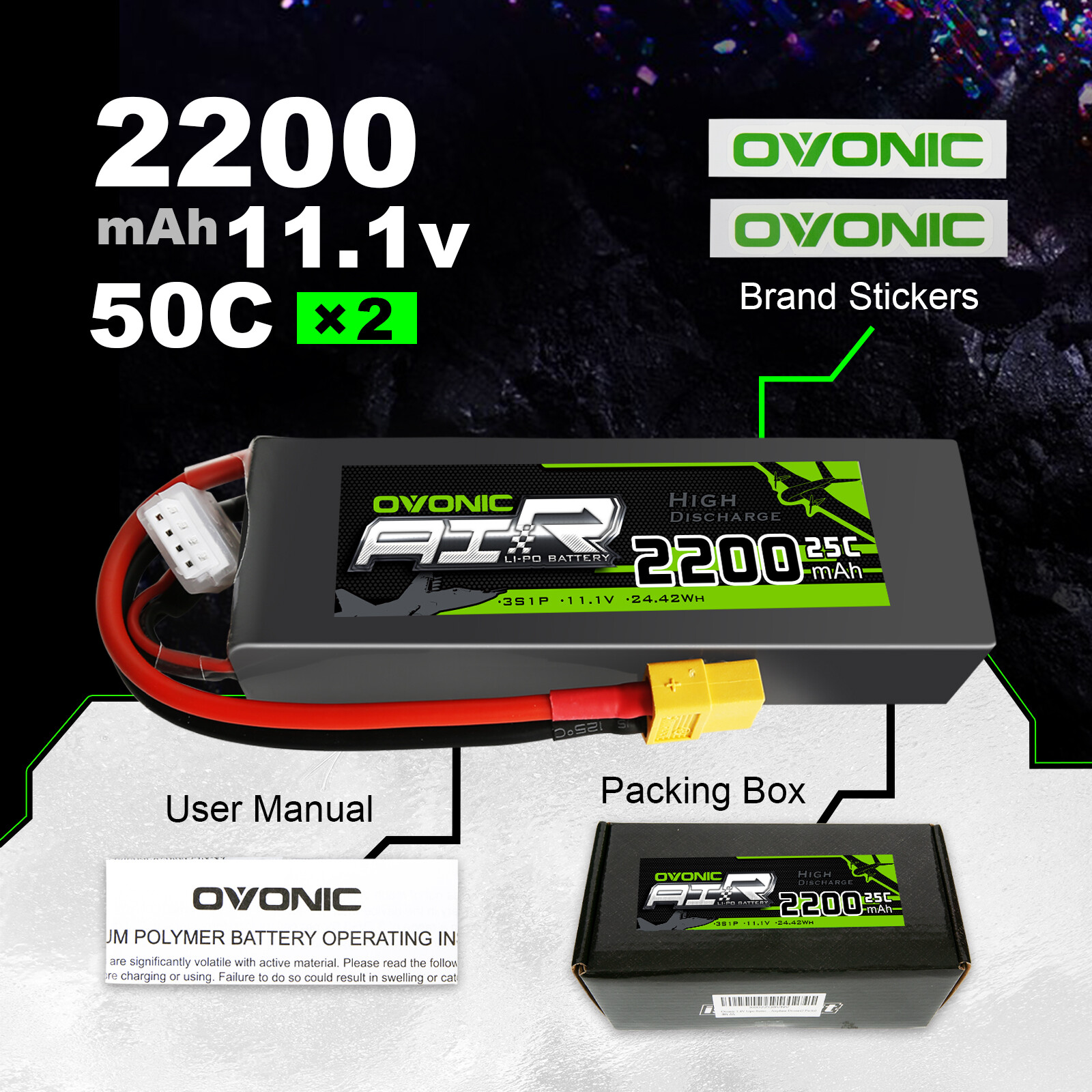 2X OVONIC 3S Lipo Battery 11.1V 3 Cell 2200mAh LiPo XT60 for Freewing Jet Plane