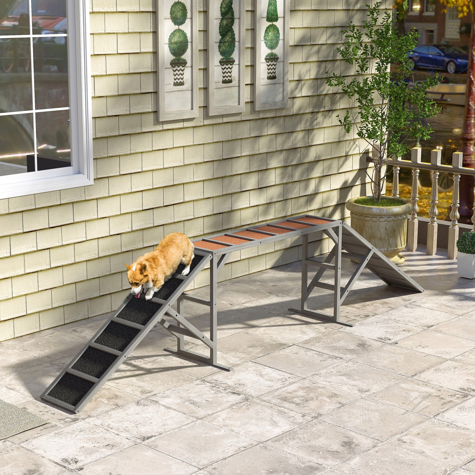 Dog Agility Equipment Ramp with Safety Bar, Non-slip Surface, Gray