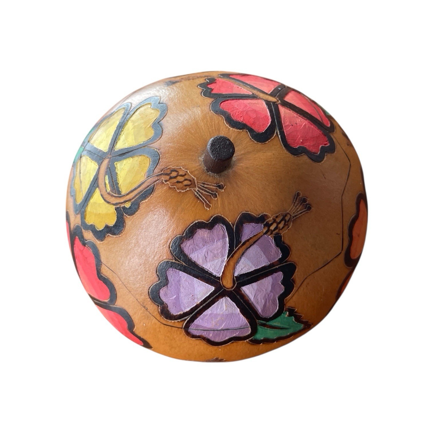 Peruvian Hibiscus Bowl Hand Carved Gourd Floral Trinket Lid Lucuma Folk Art Deco